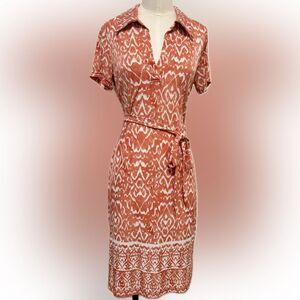 Mlle Gabrielle" Stylish Orange and White Patterned Dress, Size Small